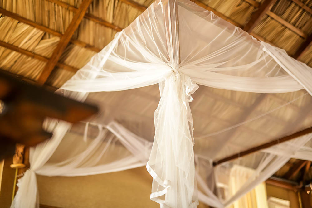 Billowing white mosquito net under a palmyra thatch roof
